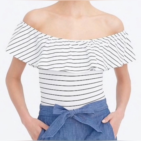 J. Crew Tops - J. CREW Women’s White Striped Ruffle Off The Shoulder Bodysuit Top Size XL -NWOT